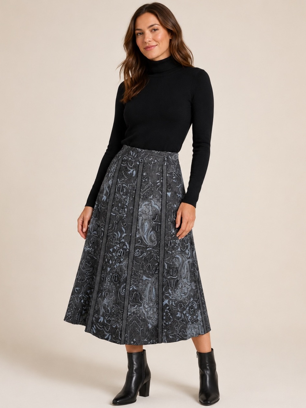 Dressbarn Paisley Midi Skirt Size 6 Black Baby Blue A-Line Dark Academia